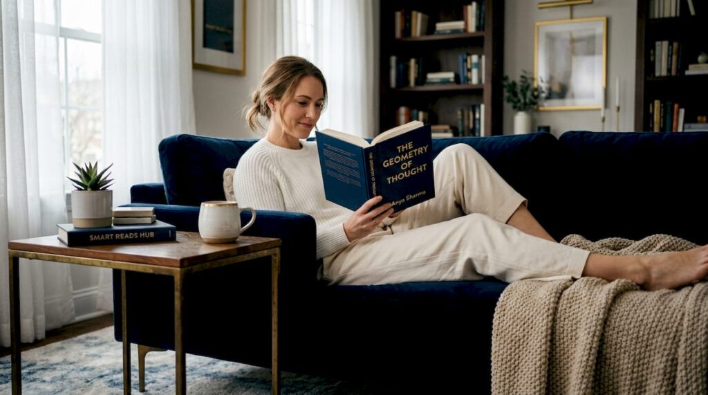 Woman reading book on sunlit living room sofa
