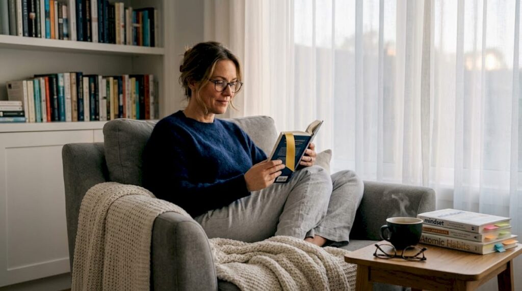 Woman reading books on letting go at home