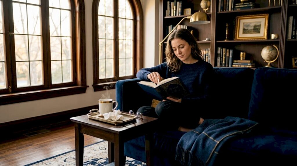 Woman reading in cozy sunlit living room