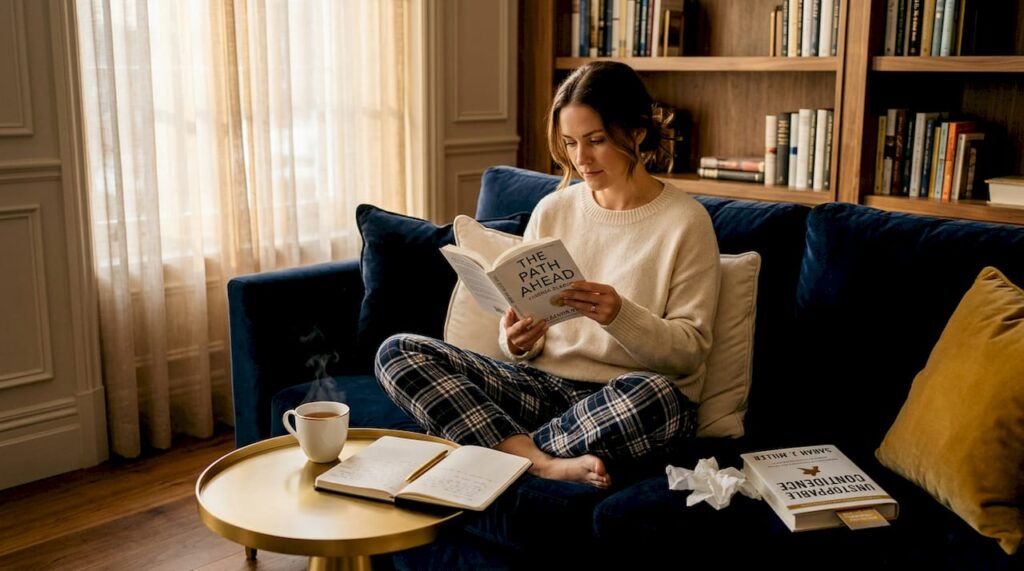 Woman reading quietly on sunlit couch