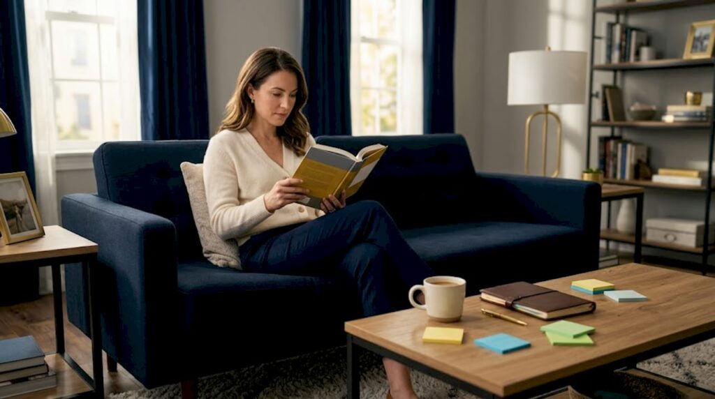 Woman reading self-discovery book in living room