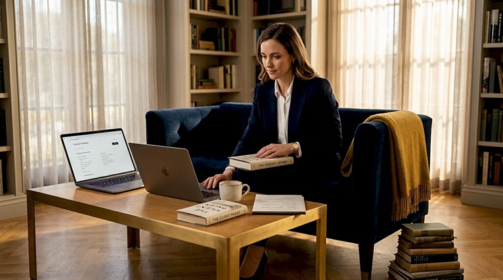 Woman discovering books in cozy living room