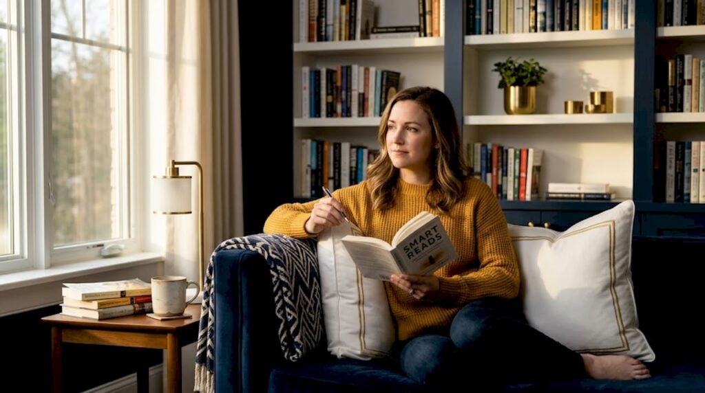 Woman reading motivational book after breakup