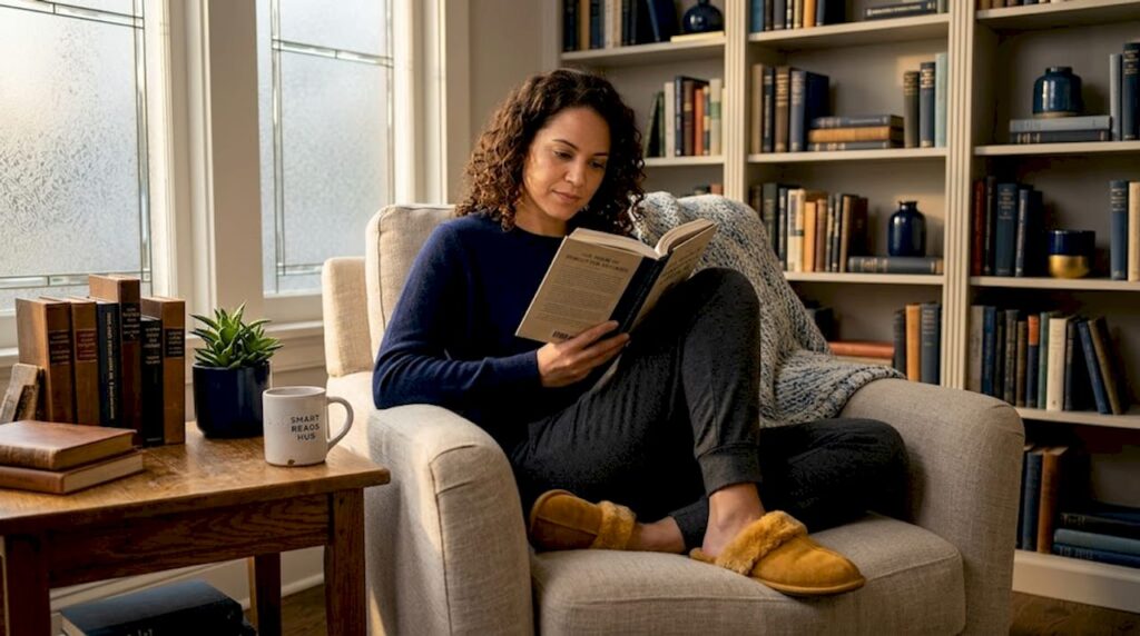 Woman reading for emotional healing in cozy living room