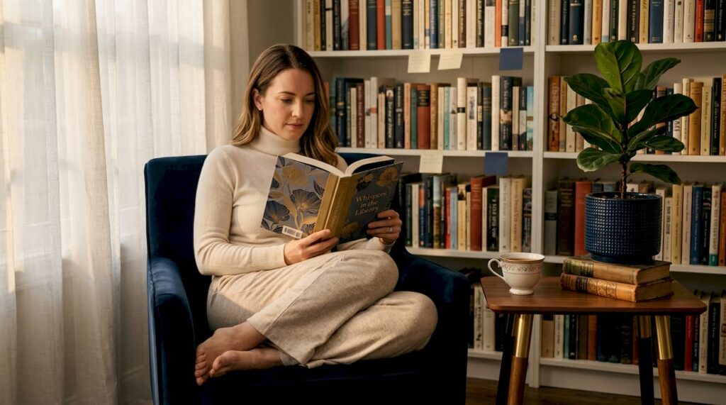 Woman reading a book in sunlit living room