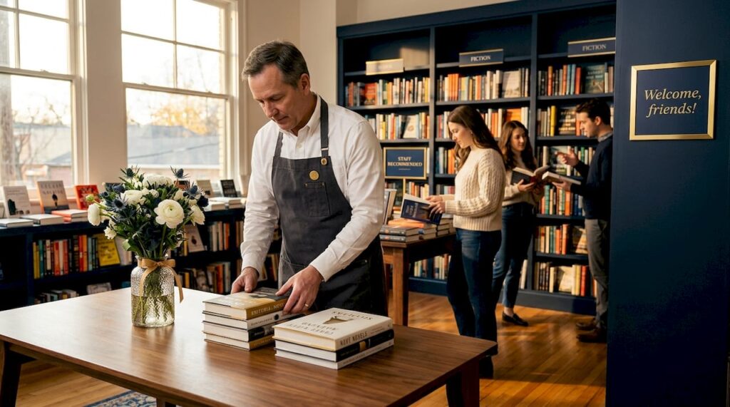 Bookseller arranging novels in community bookstore