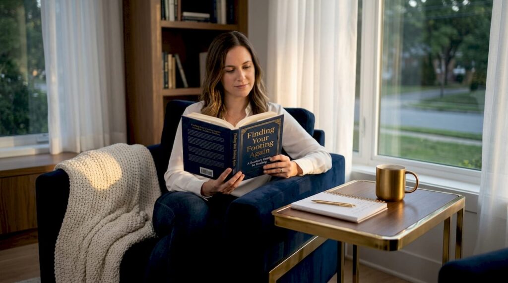 Woman reading breakup book at home