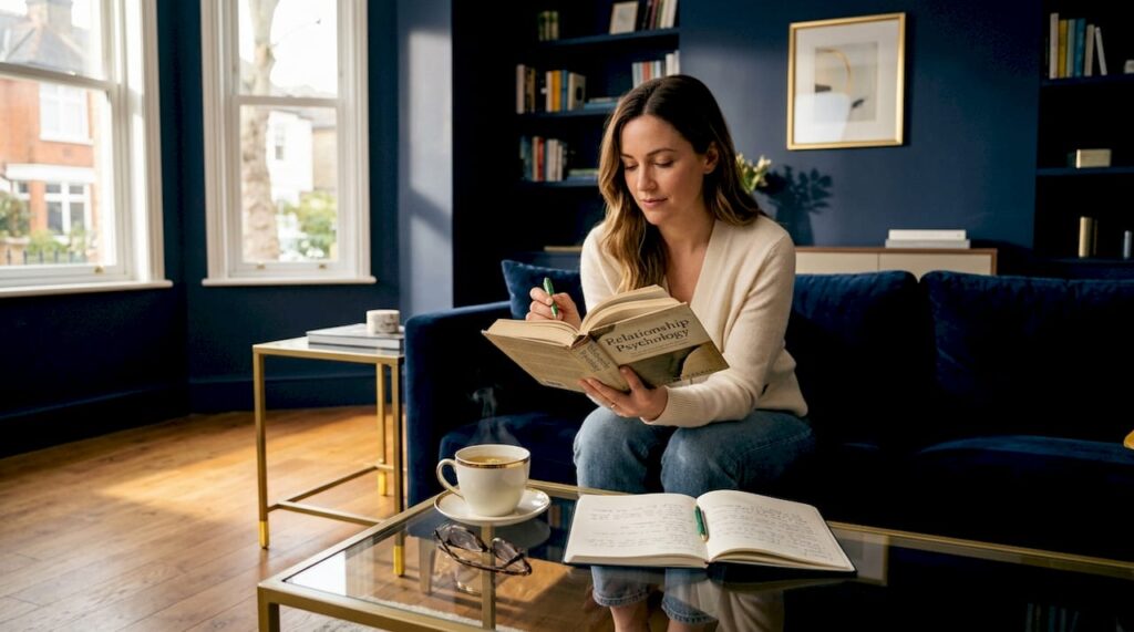 Woman reading relationship psychology book at home