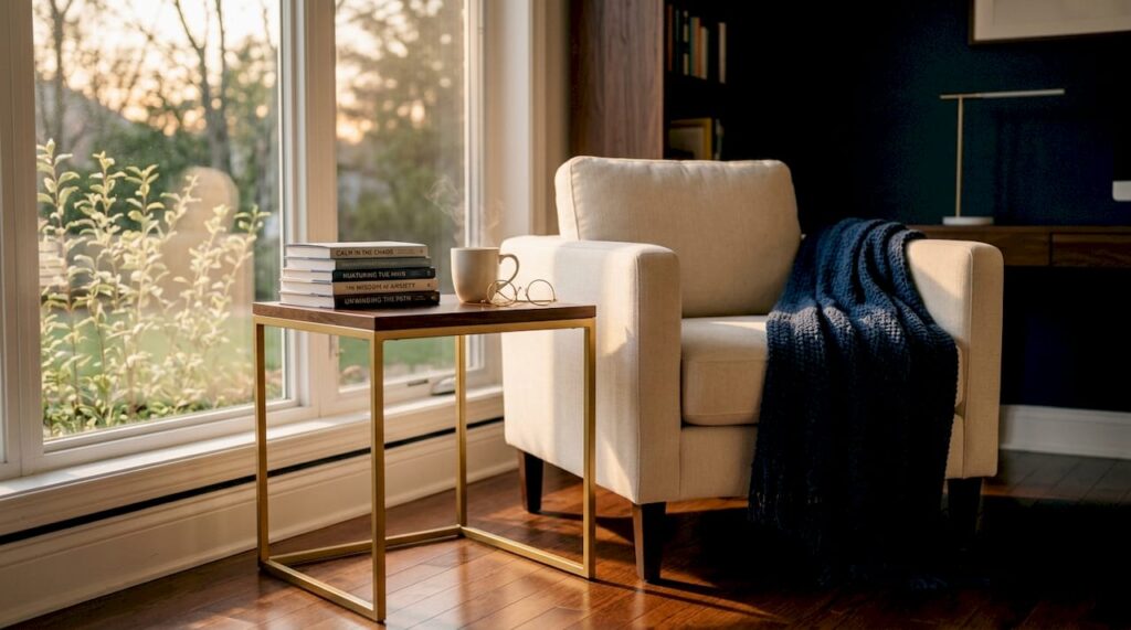 Stack of women’s mental health books in cozy reading nook