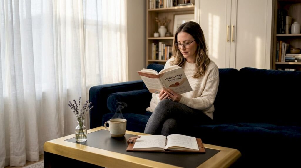 Person reading self-help book in cozy living room