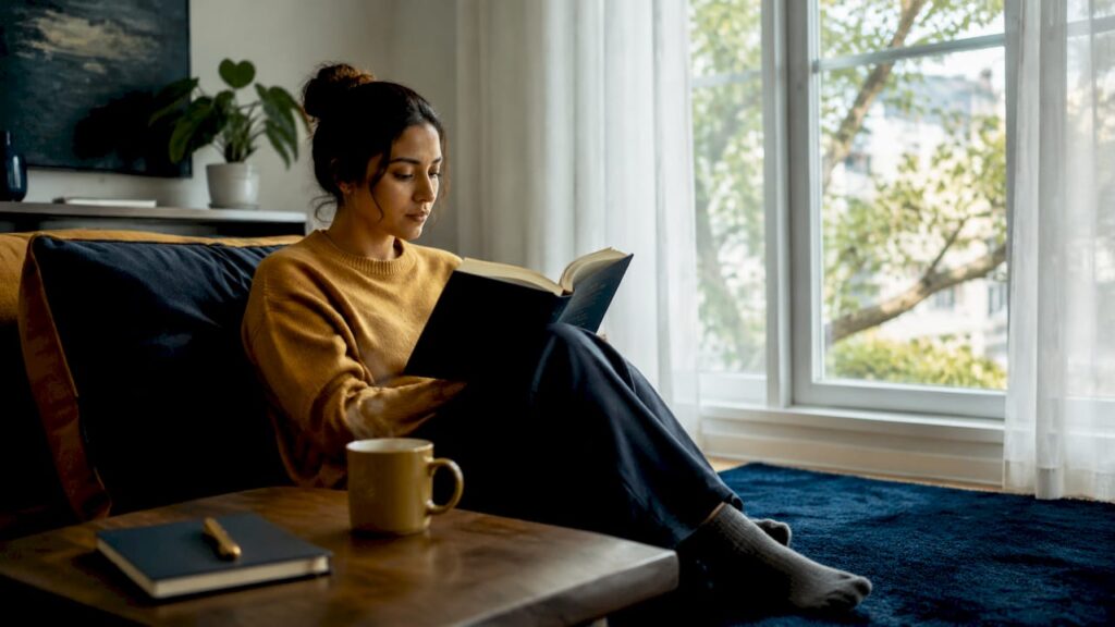 Woman reading breakup recovery book in cozy living room