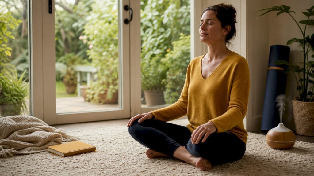 Woman practicing breathwork in bright room