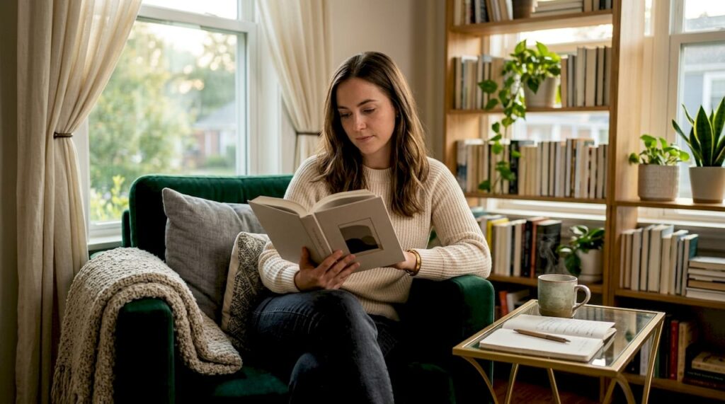 Woman reading self-help book at home