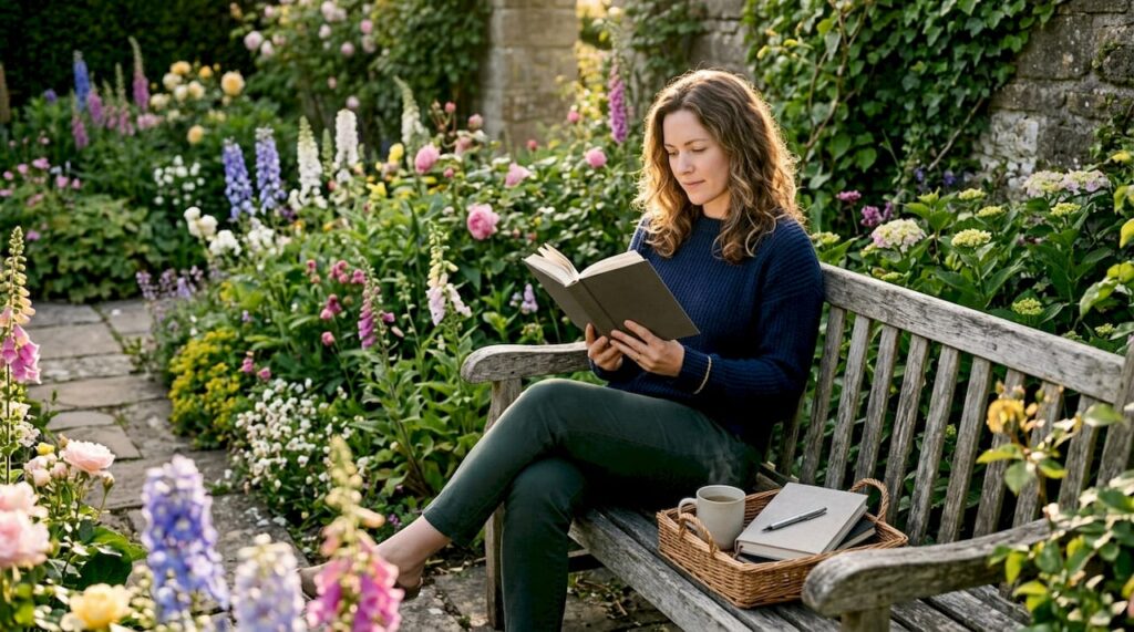 Woman thoughtfully reading book in sunlit home library