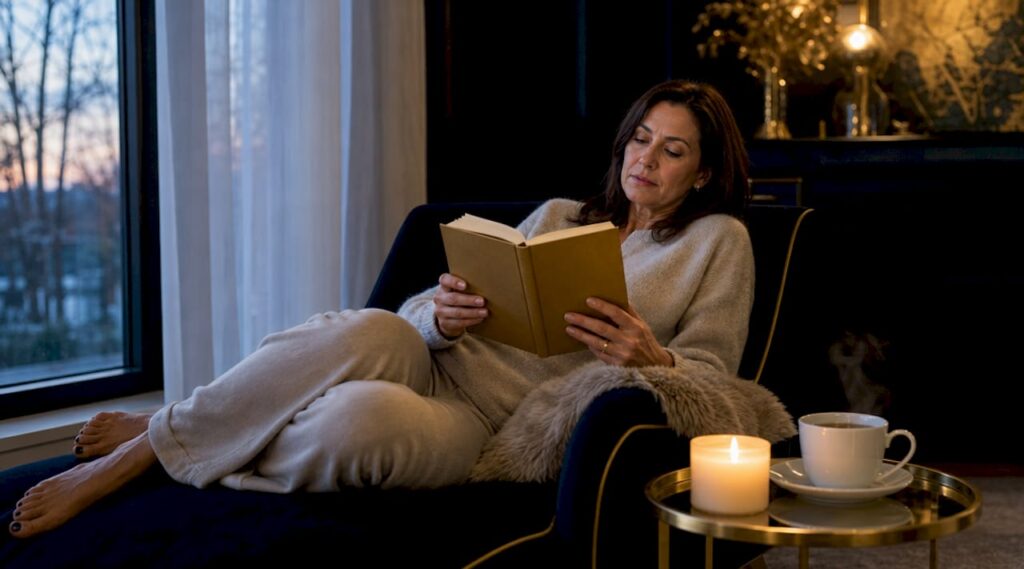 Woman reading book by snowy window