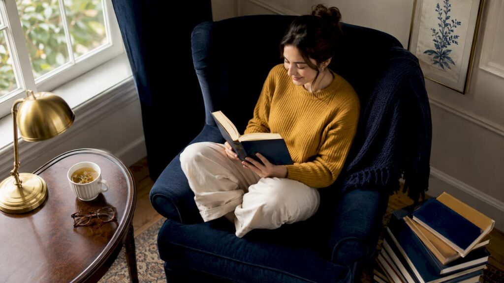 Woman relaxing while reading a book indoors
