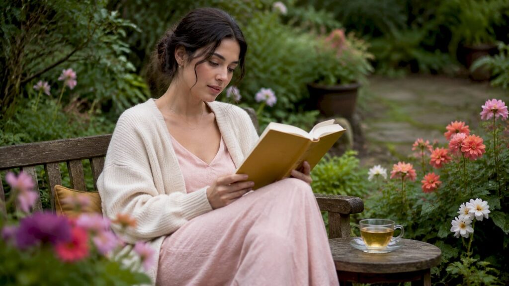 Woman reading confidence rebuilding book at home