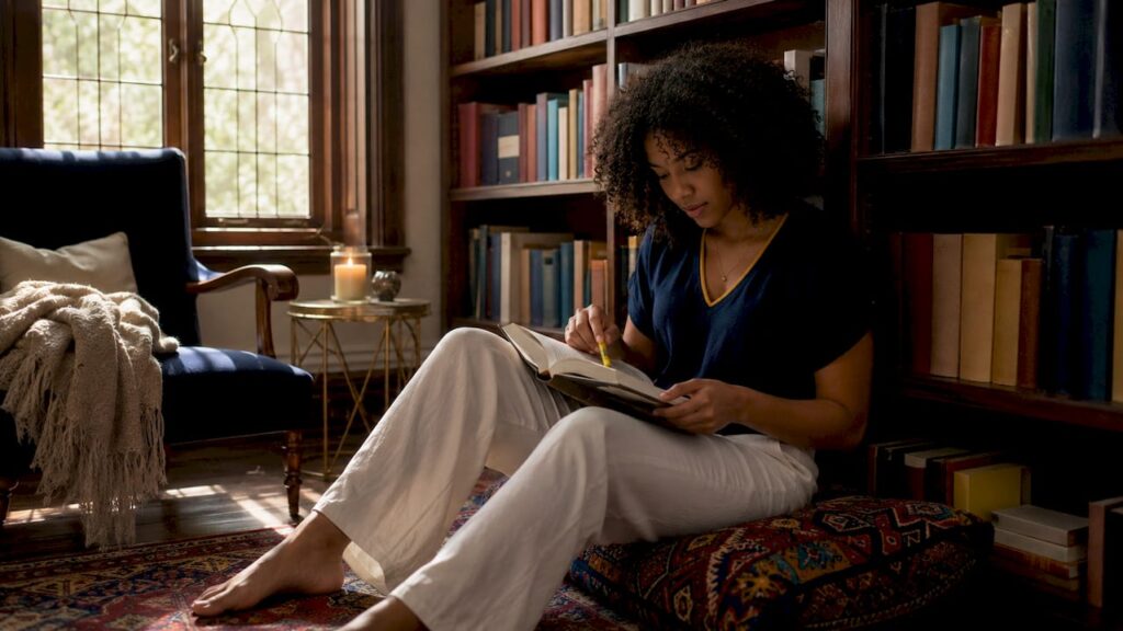 Woman reading self-help books in cozy room