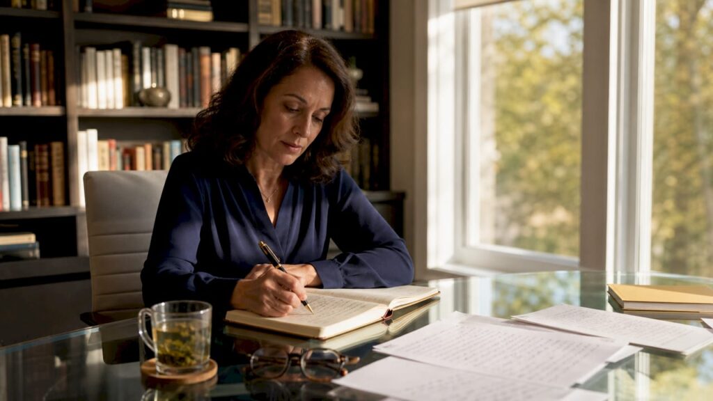 Woman writing emotional memoir in home library