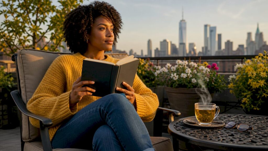 Woman reading empowerment book on balcony