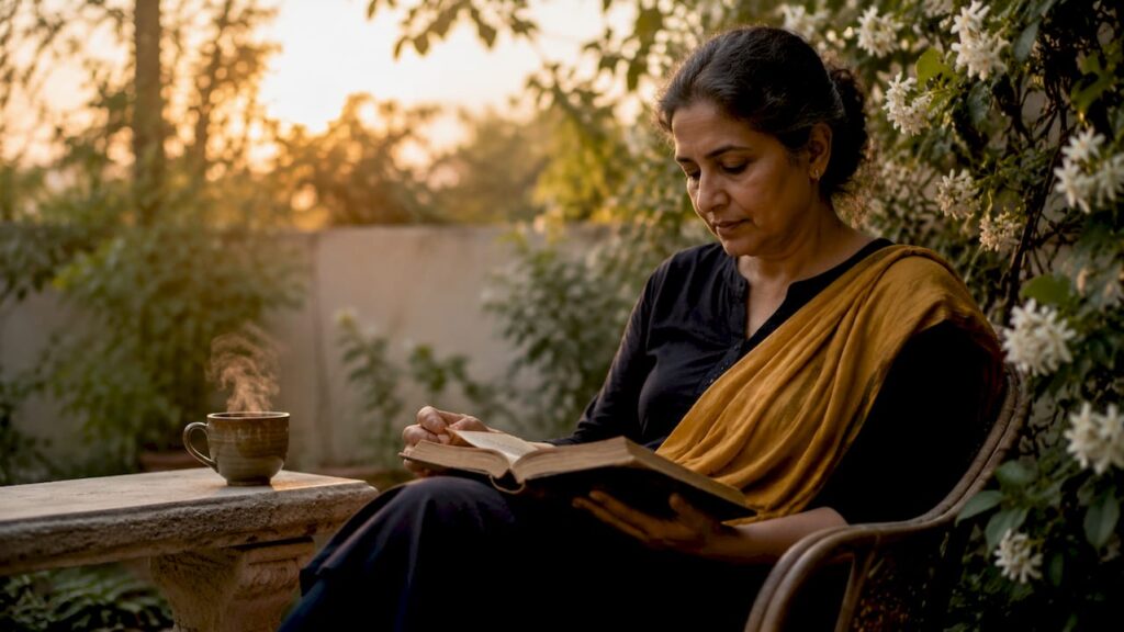 Woman reading spiritual book in cozy nook