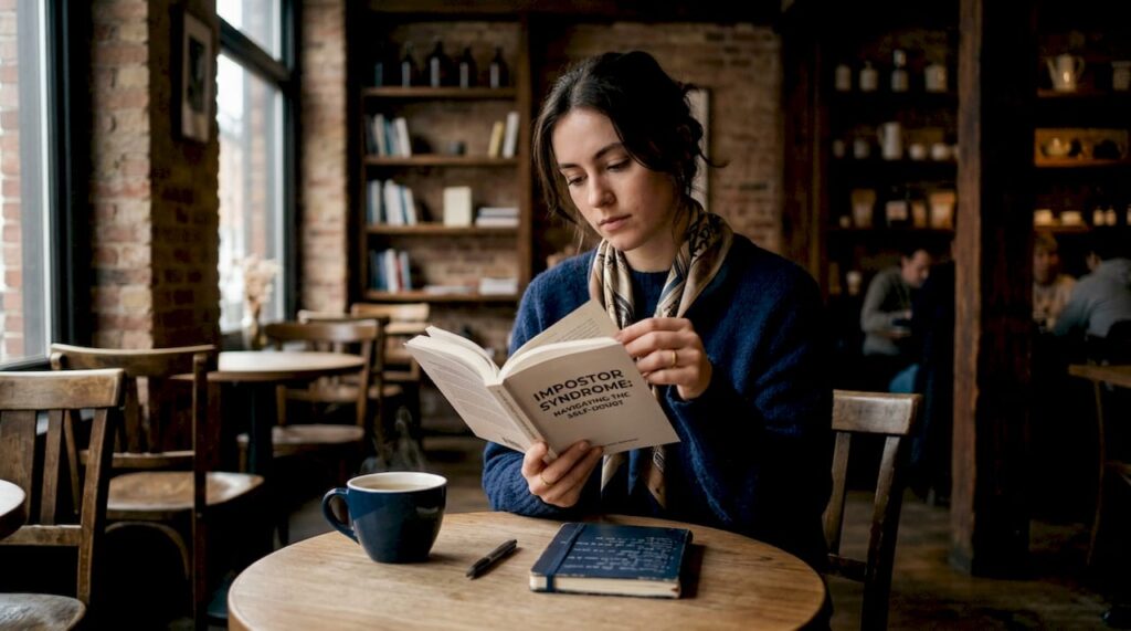 Woman reading about impostor syndrome in home library