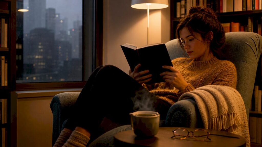 Woman reading psychological thriller book in cozy library