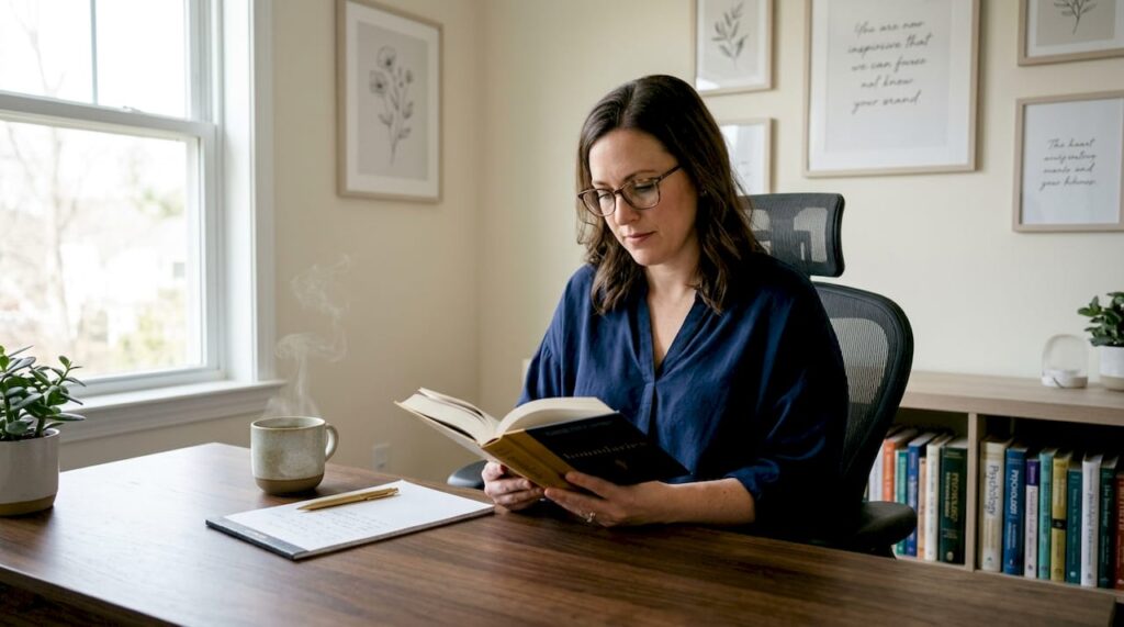 Woman reading book about personal boundaries