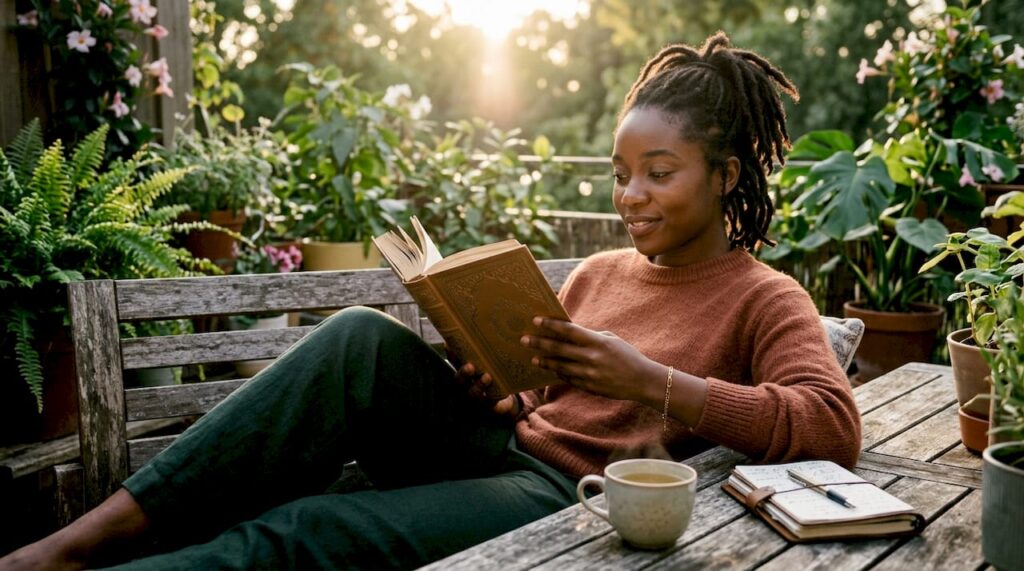Woman reading book recommendations in cozy living room
