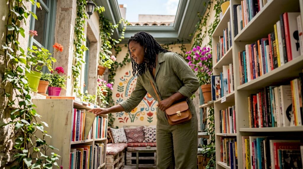 Woman browsing books in women’s bookstore