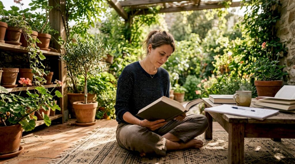 Woman reading emotional labor books at home