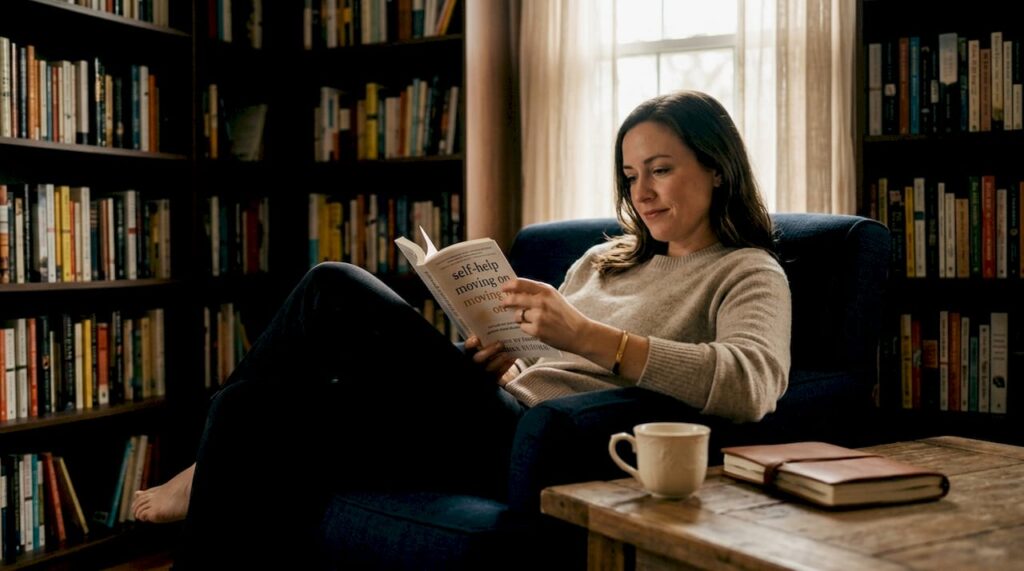 Woman reading breakup recovery book at home