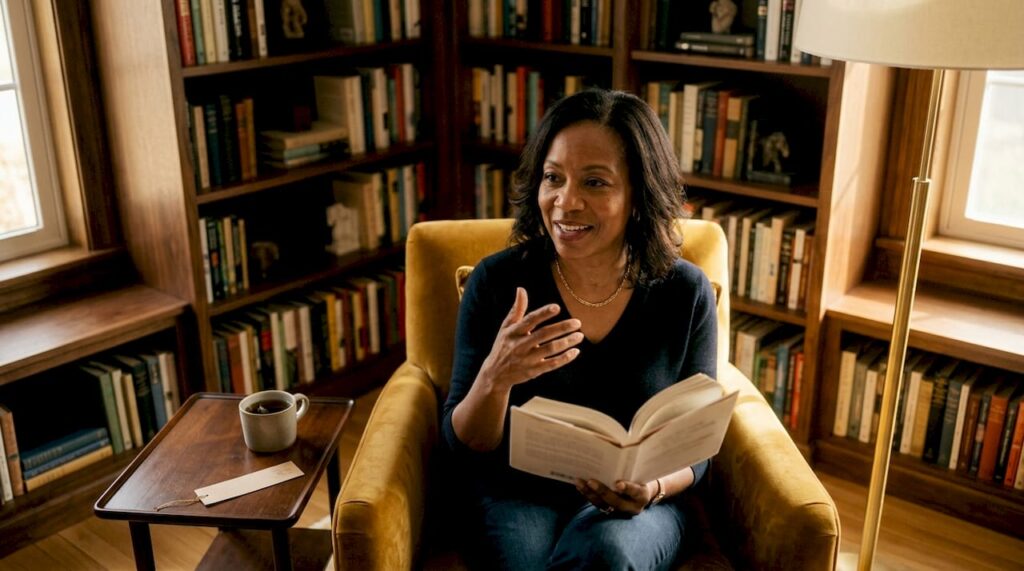 Person sharing book recommendations at home