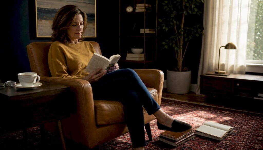 Woman reading self-help book on co-dependency