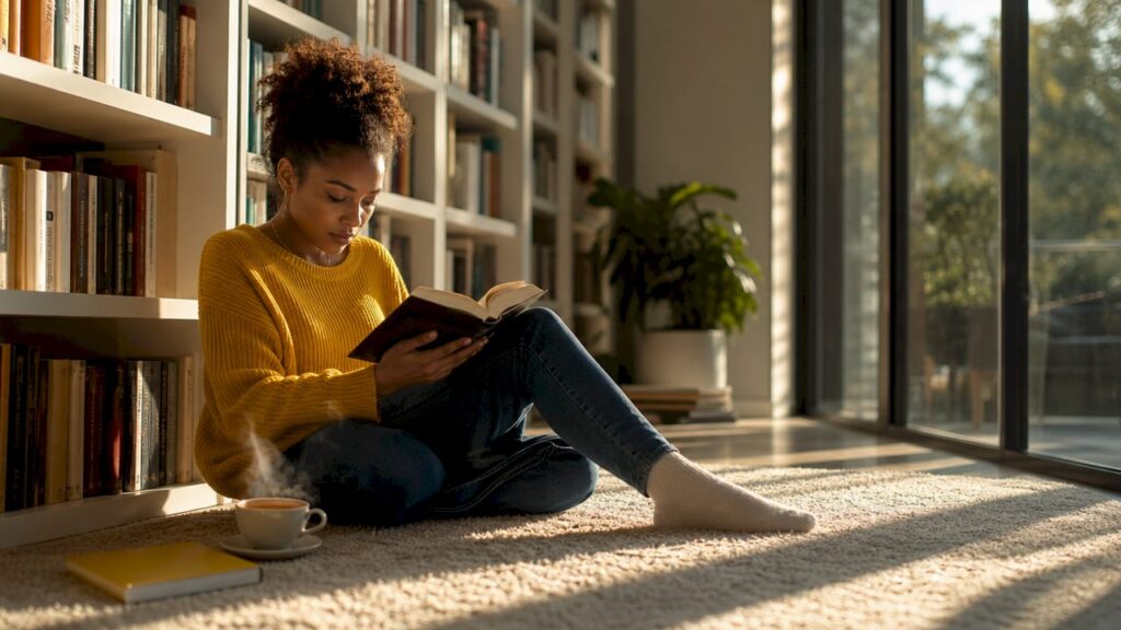 Woman reading book in home library