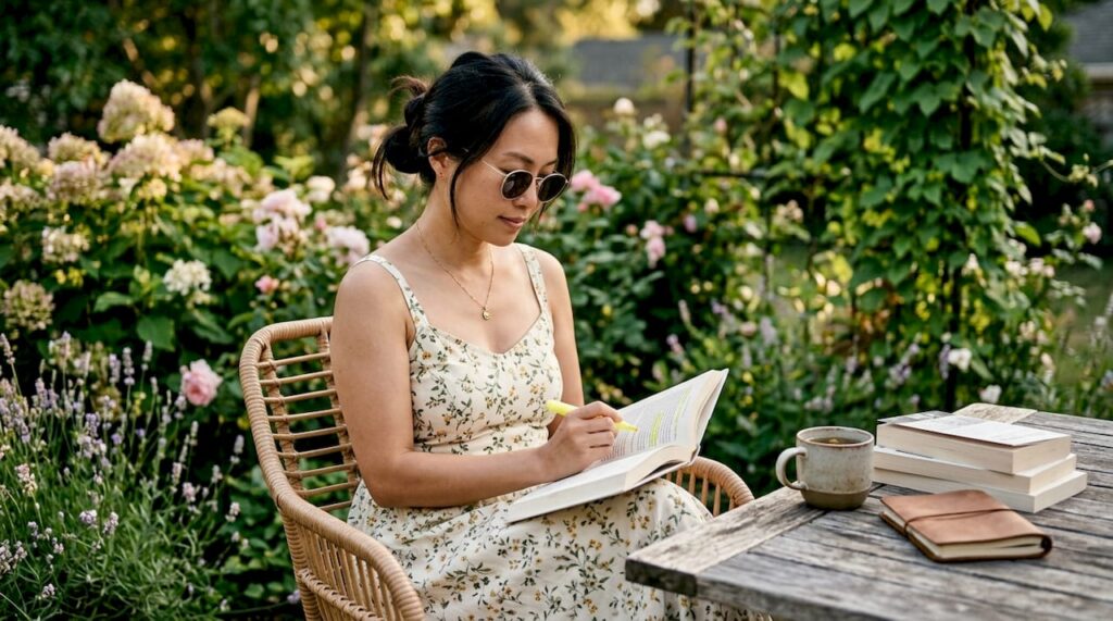 Woman highlighting passages in self-help book indoors