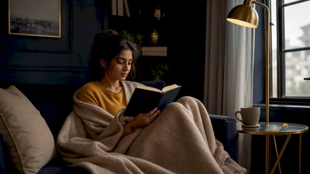 Woman reading romance novel at home