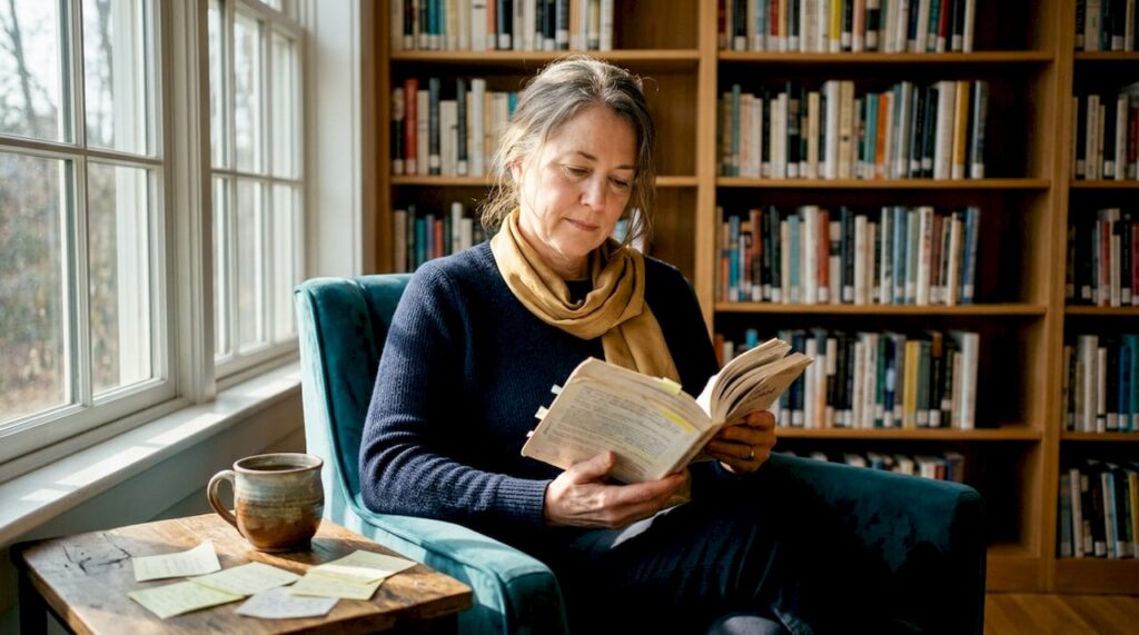 Woman selecting grief support books at home