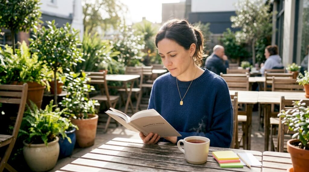 Woman reading boundary-setting book at kitchen table