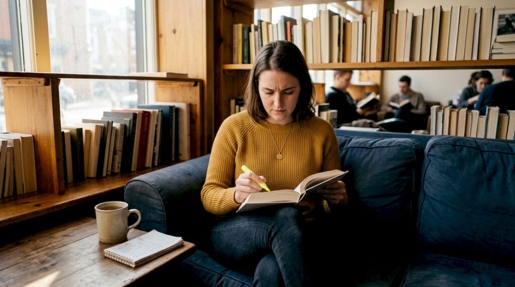 Woman reading self-help book in cozy home library