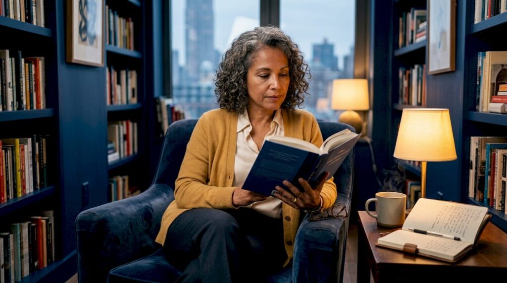 Woman reading work-life balance book on balcony