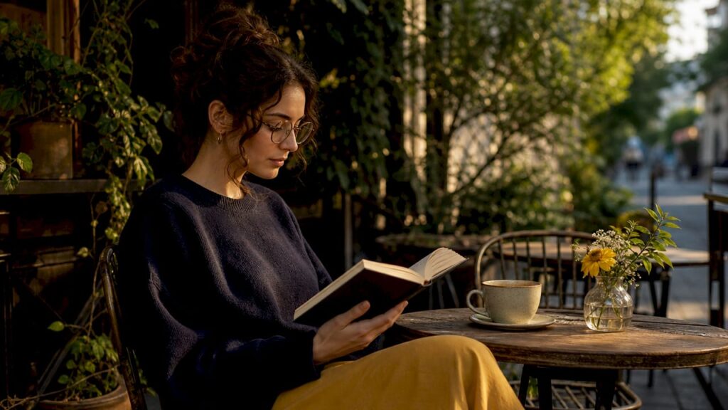 Woman reading female creativity book in home library