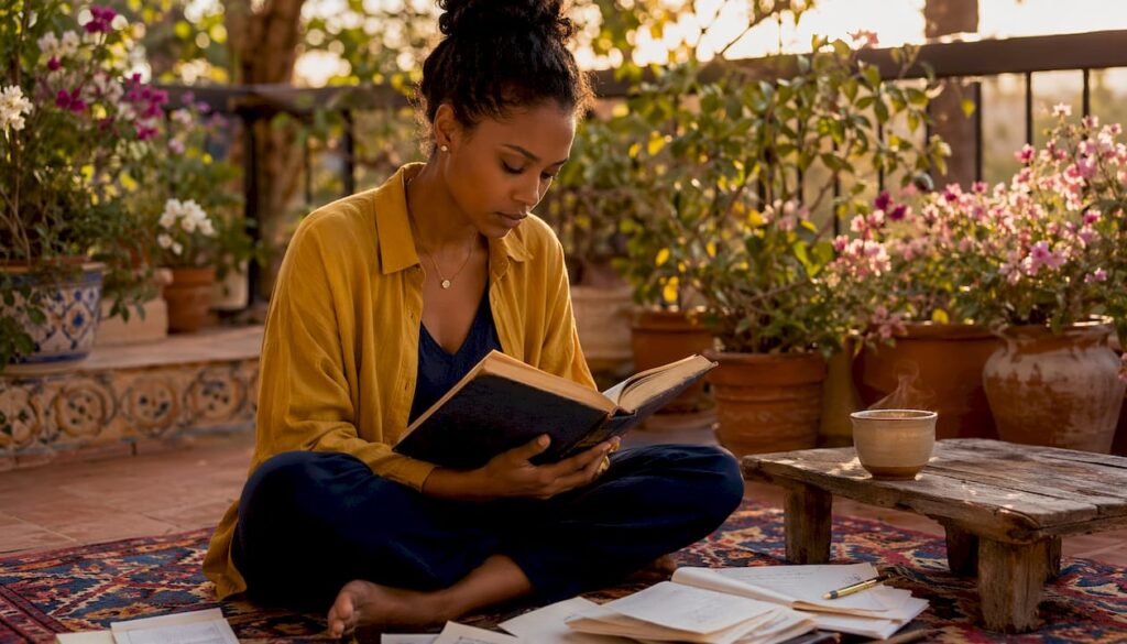 Woman reading anger management book at home