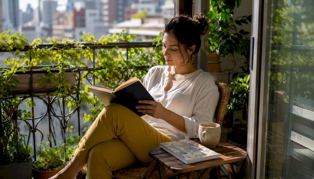 Working mother reading a book at kitchen table