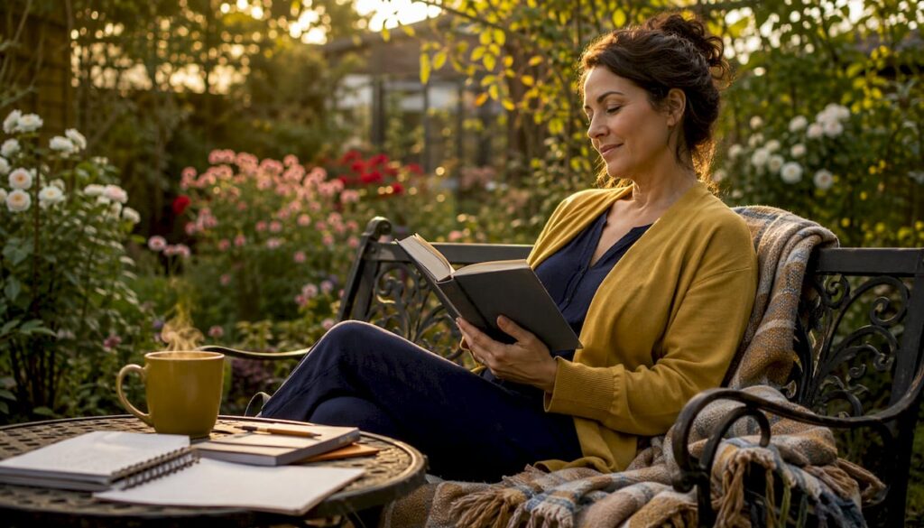 Woman reading in cozy home nook for healing