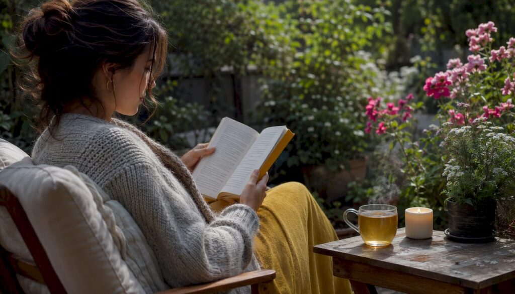 Woman reading self-care book at home nook