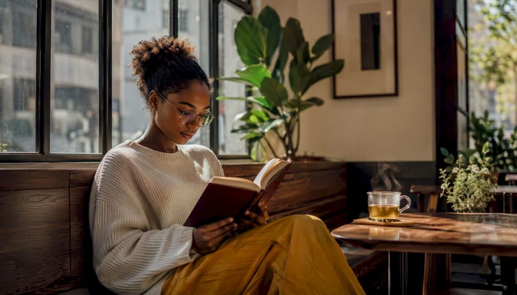 Woman reading book in cozy apartment nook