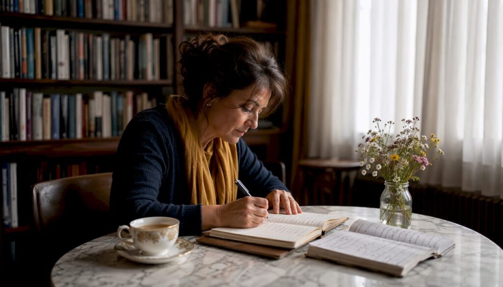 Woman writing in recovery workbook at home desk