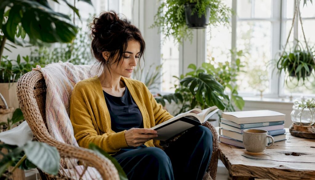 Woman reading healing book at home