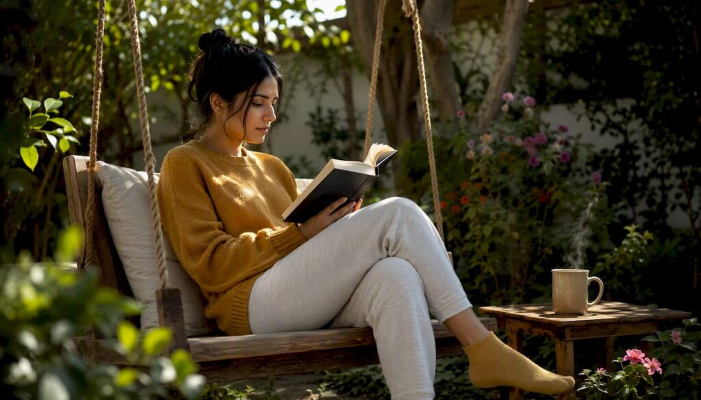 Woman reading book peacefully at home